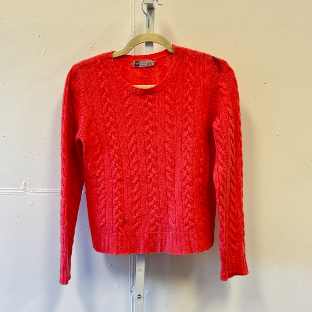 Calypso Christiane Celle 100% Cashmere Cable Knit Crewneck Sweater Coral Pink Sm